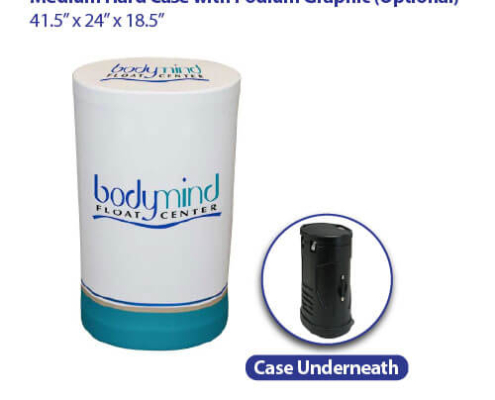Molded hard plastic case for trade show displays, shown upright and fully wrapped with a sample trade show graphic that converts the case into a branded podium, plus a separate close-up view of the uncovered case beneath