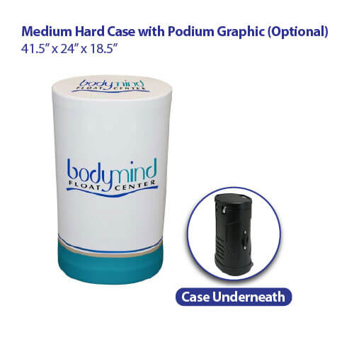 Molded hard plastic case for trade show displays, shown upright and fully wrapped with a sample trade show graphic that converts the case into a branded podium, plus a separate close-up view of the uncovered case beneath