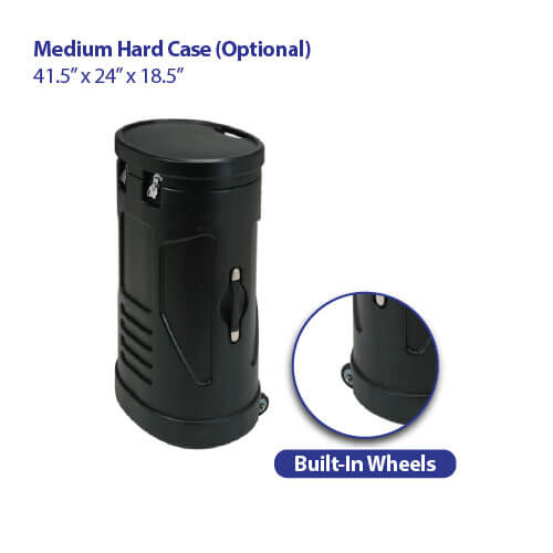 Black molded hard plastic case for trade show displays, shown upright with metal latches on lid and side handle visible, plus a separate close-up view of built-in wheels at base