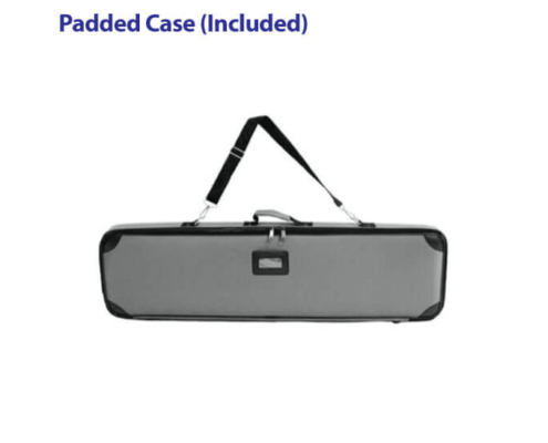 Gray padded fabric carry case for Aero retractable banner stands, shown zipped and lying flat on one side with side handle, shoulder strap, and clear ID pocket visible