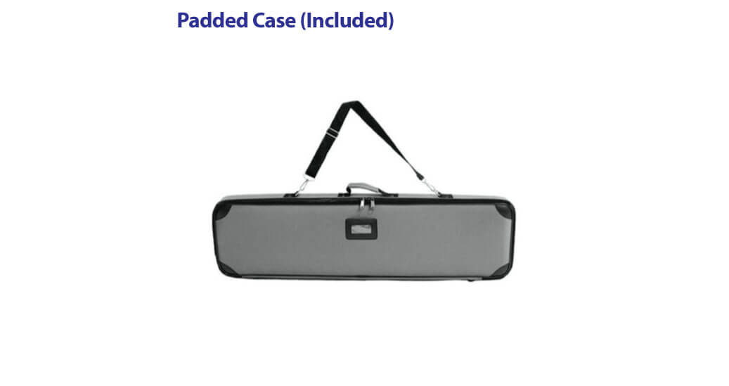 Gray padded fabric carry case for Aero retractable banner stands, shown zipped and lying flat on one side with side handle, shoulder strap, and clear ID pocket visible