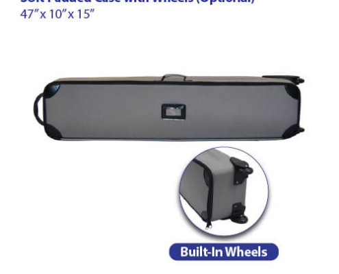 Gray padded fabric carry case for AirWall and AirStand tension fabric displays, shown zipped and lying flat with side handle and clear ID pocket visible, plus close-up view of two built-in wheels at one end
