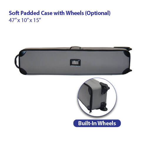Gray padded fabric carry case for AirWall and AirStand tension fabric displays, shown zipped and lying flat with side handle and clear ID pocket visible, plus close-up view of two built-in wheels at one end