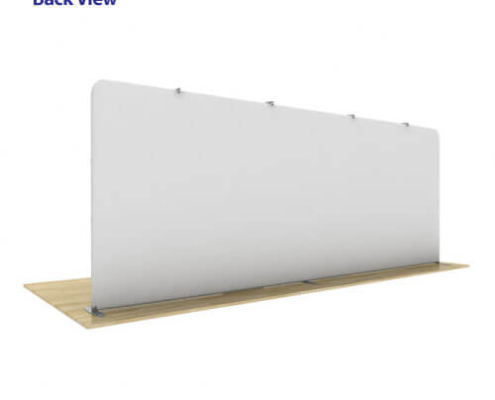 Back view of AirWall 20ft x 8ft tension fabric display with gray fabric, stabilizer feet, and LED light clips visible at top edge