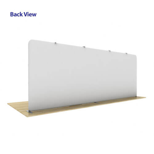 Back view of AirWall 20ft x 8ft tension fabric display with gray fabric, stabilizer feet, and LED light clips visible at top edge