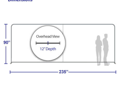 Dimensions for AirWall 20ft x 8ft straight tension fabric trade show display, showing labeled measurements of 235″ width, 90″ height, and 12″ depth, with scale comparison using average-height male and female silhouettes