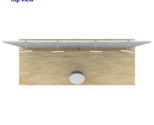 Top view of AirWall 20ft x 8ft straight tension fabric trade show display, fully assembled with LED lights and sample trade show graphic, and optional podium placed in a 20ft x 10ft space with light wood flooring