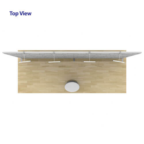 Top view of AirWall 20ft x 8ft straight tension fabric trade show display, fully assembled with LED lights and sample trade show graphic, and optional podium placed in a 20ft x 10ft space with light wood flooring