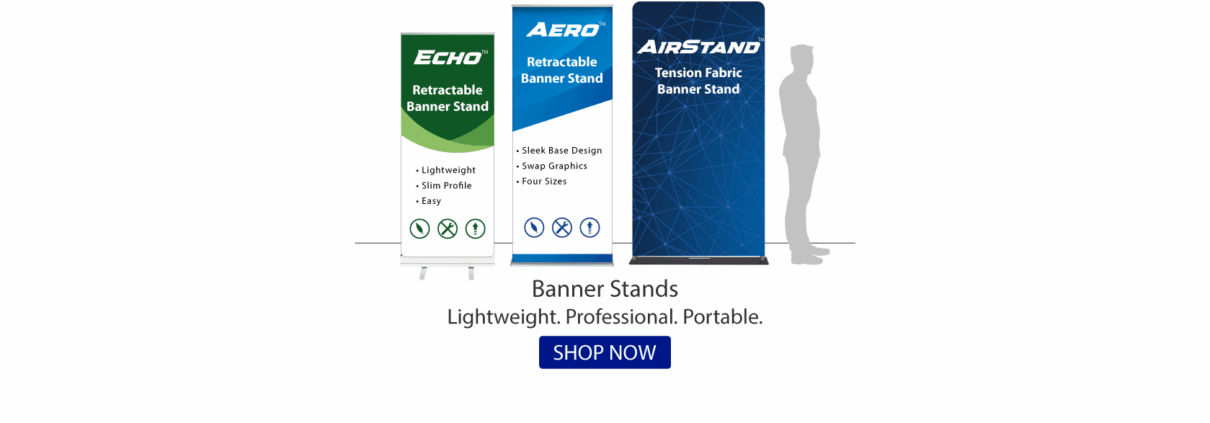 An assortment of three types of banner stand examples with sample graphic prints. A silhouette of an average-height man is shown for size comparison