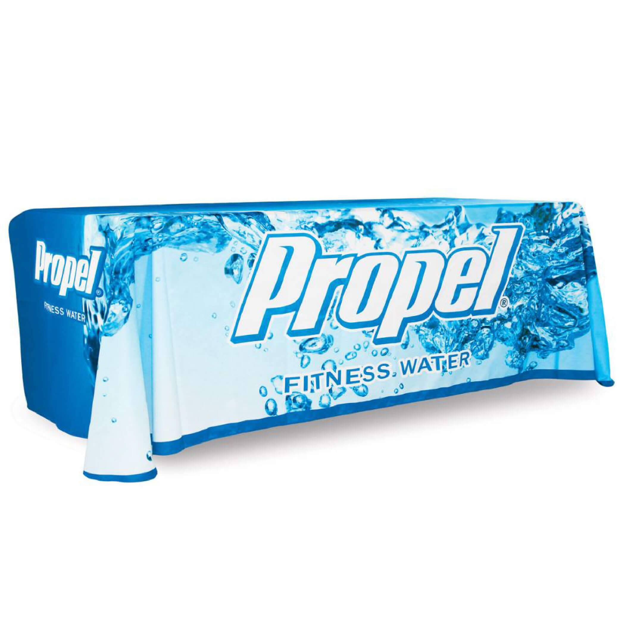 Angled view of a Fully-Printed Table Throw on an 8ft table, showing the front panel and one visible side panel with vibrant full-color graphic print