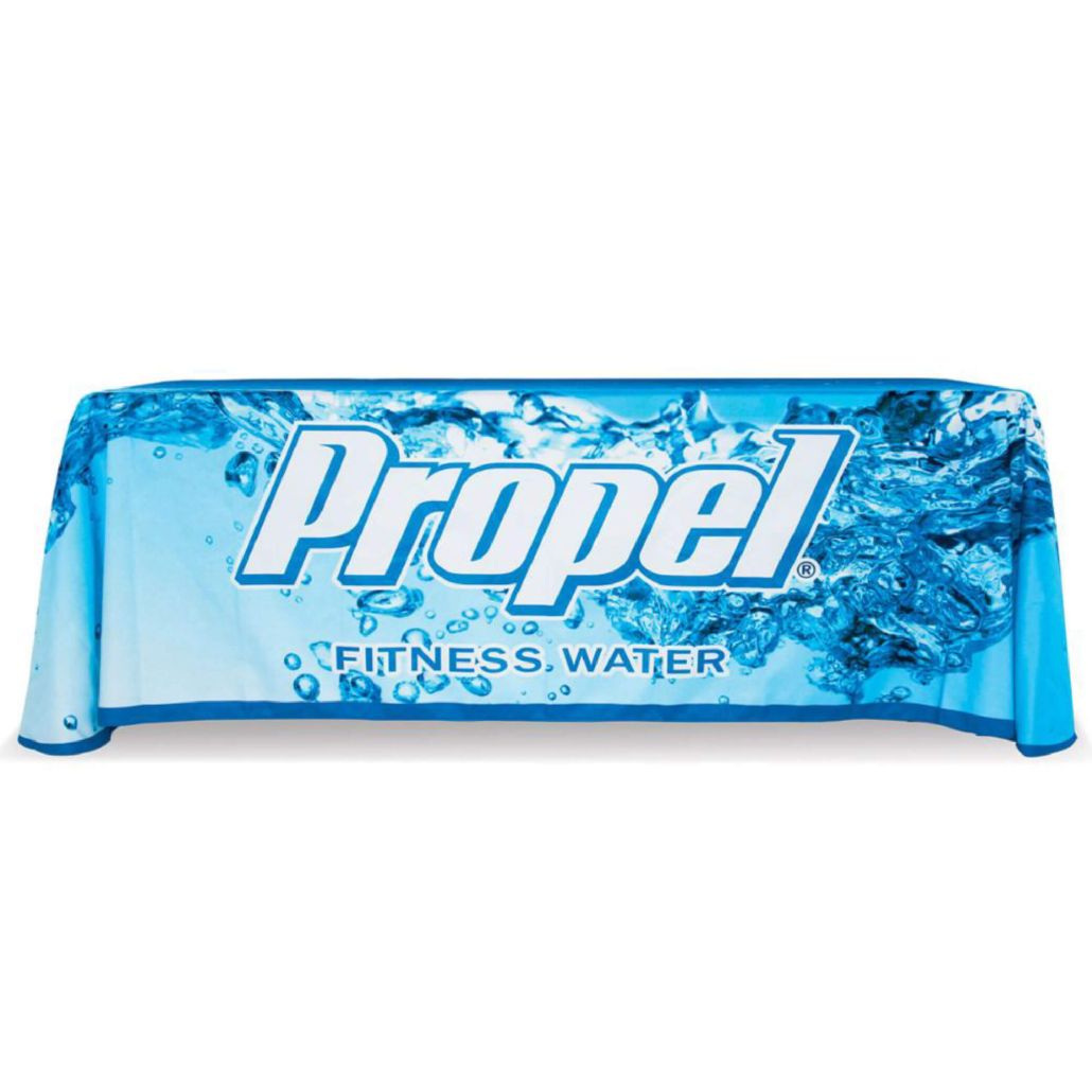 Front view of a Fully-Printed Table Throw draped over an 8ft table, showing vibrant full-color graphic print