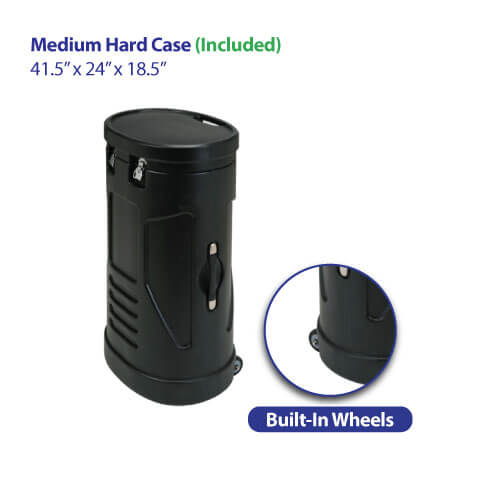 Black molded hard plastic case for trade show displays, shown upright with metal latches on lid and side handle visible, plus a separate close-up view of built-in wheels at base