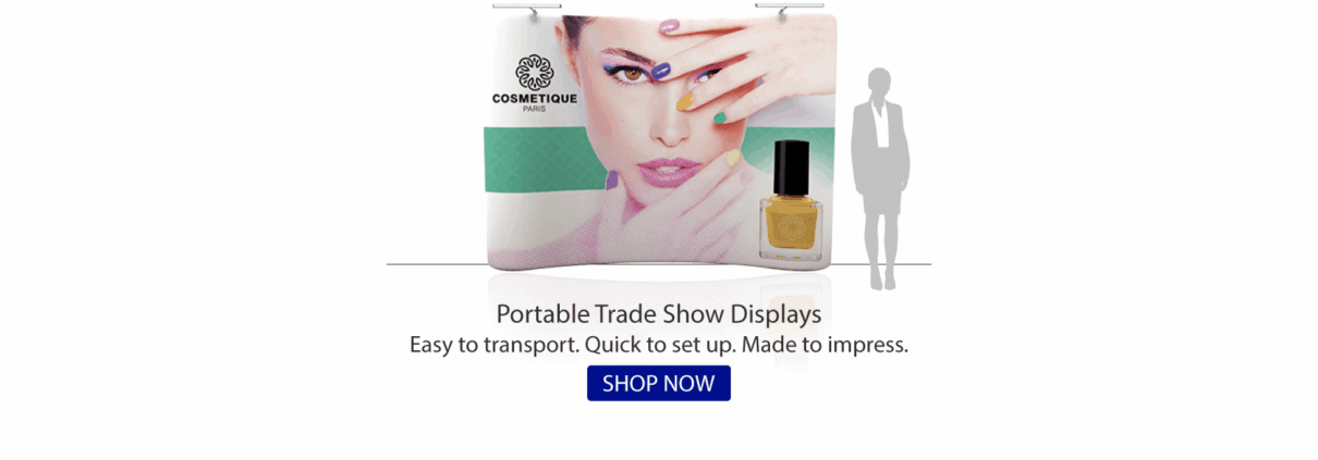 Portable trade show display featuring a 10ft wide x 8ft high backdrop with a sample graphic print. A silhouette of an average-height woman is shown for size comparison