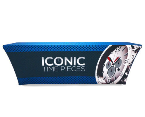 Front view of a Fully-Printed Stretch-Fit Table Throw fitted over an 8ft table, showing vibrant full-color graphic on the front panel