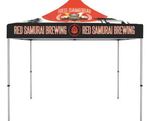 10ft x 10ft event tent with four aluminum legs and canopy top featuring sample branding graphics