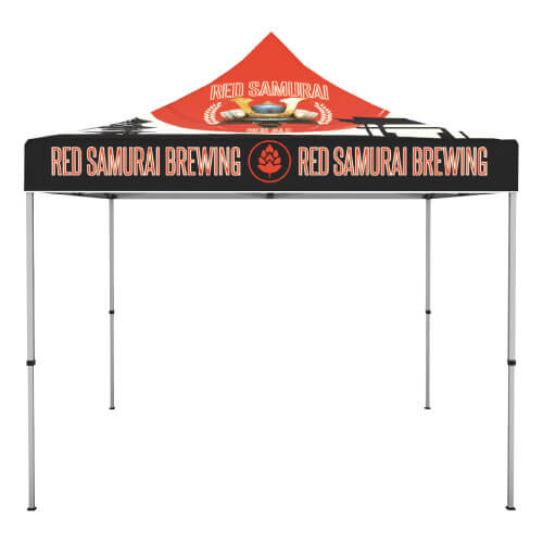 10ft x 10ft event tent with four aluminum legs and canopy top featuring sample branding graphics