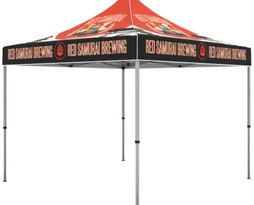 10ft x 10ft event tent with four aluminum legs and canopy top featuring sample branding graphics