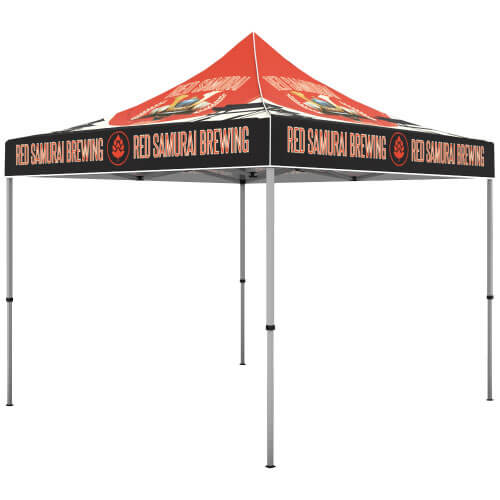 10ft x 10ft event tent with four aluminum legs and canopy top featuring sample branding graphics
