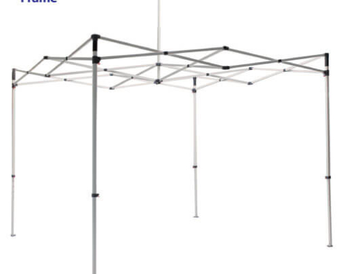 Aluminum frame for a 10ft x 10ft event tent, fully assembled without canopy or walls