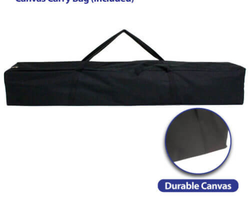 Black canvas carry case for the Air Canopy Event Tent, shown zipped and lying flat with front handle and shoulder strap visible, plus close-up view of durable black canvas material.