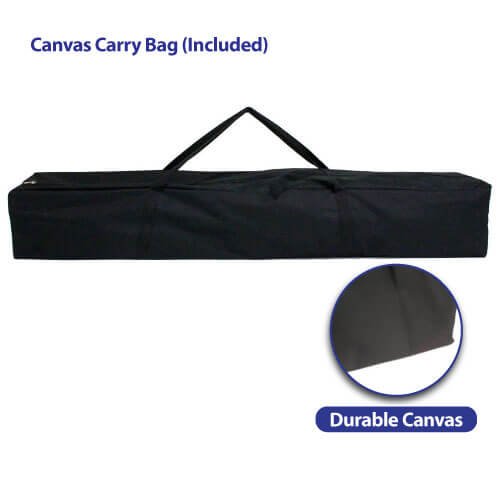 Black canvas carry case for the Air Canopy Event Tent, shown zipped and lying flat with front handle and shoulder strap visible, plus close-up view of durable black canvas material.