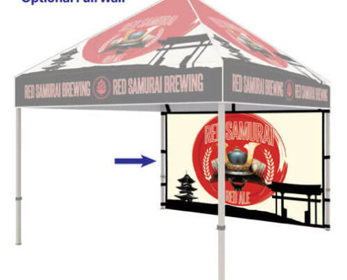 10ft x 10ft event tent with canopy and full-height back wall, all featuring sample branding graphics