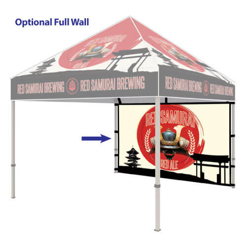 10ft x 10ft event tent with canopy and full-height back wall, all featuring sample branding graphics