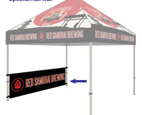 10ft x 10ft event tent with canopy and half-height side wall, all featuring sample branding graphics