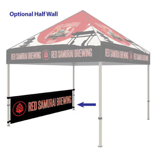 10ft x 10ft event tent with canopy and half-height side wall, all featuring sample branding graphics