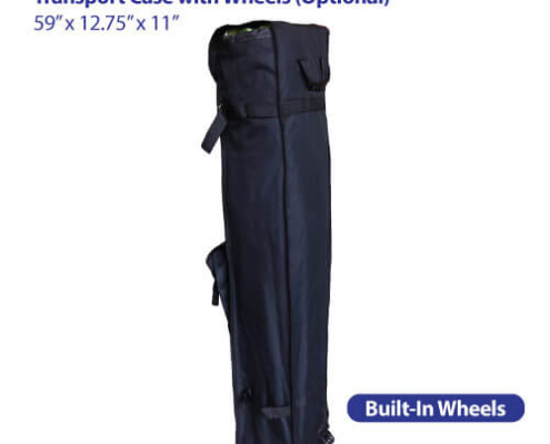 Black nylon transport case for the Air Canopy Event Tent, shown standing upright with pull-handle and built-in wheels